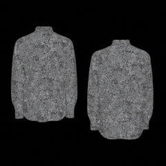 Front and back of a gray patterned long sleeve shirt on a black background