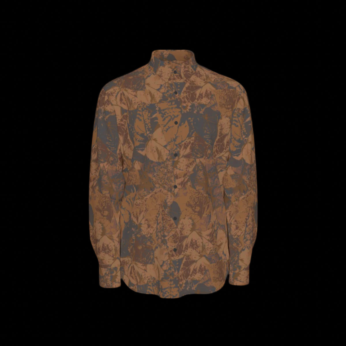 Front of a brown floral patterned long sleeve shirt on a black background