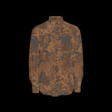 Front of a brown floral patterned long sleeve shirt on a black background