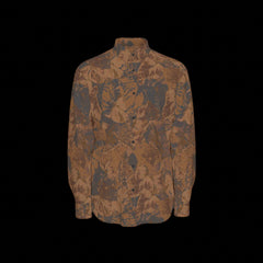 Front of a brown floral patterned long sleeve shirt on a black background