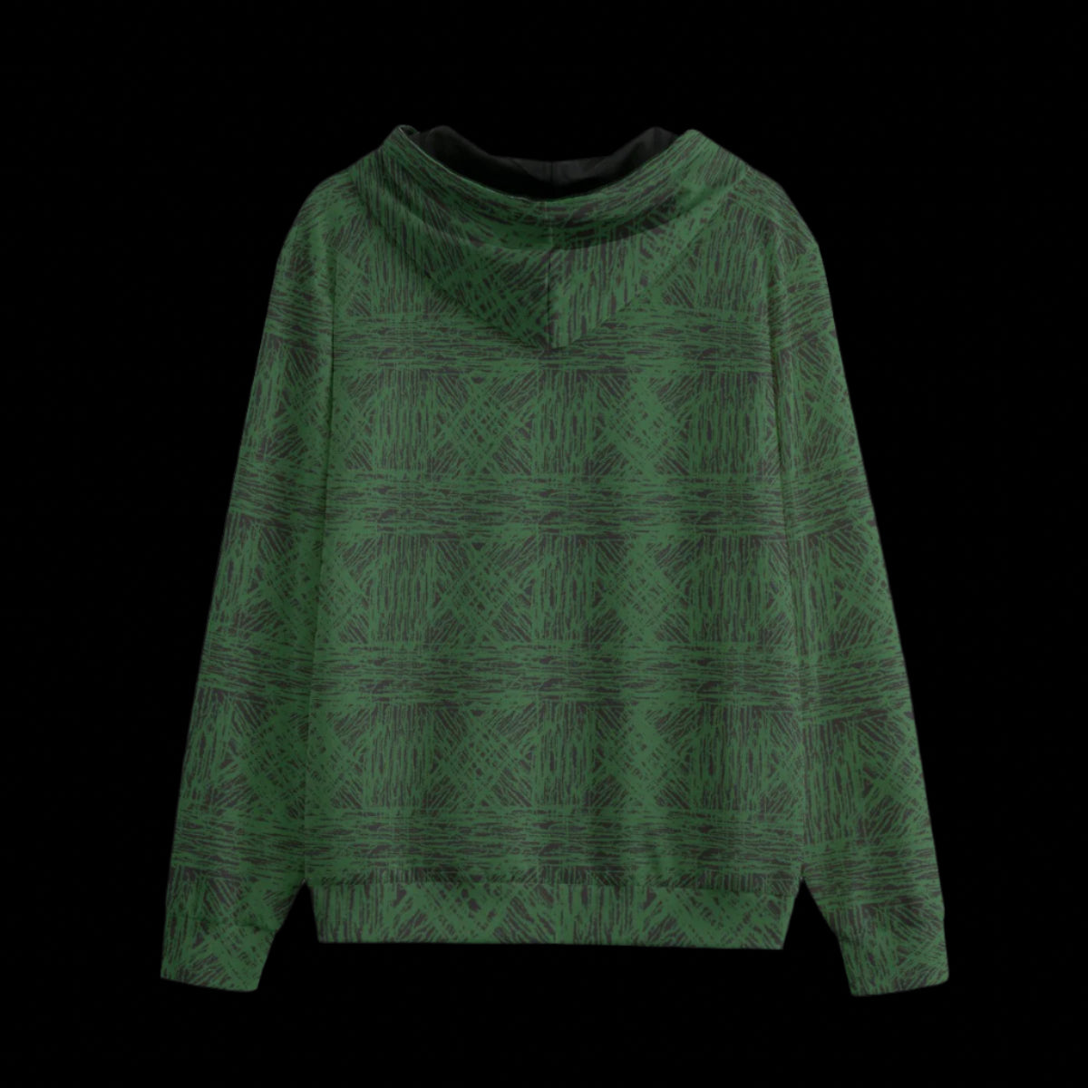 Back of a green patterned hoodie on a black background