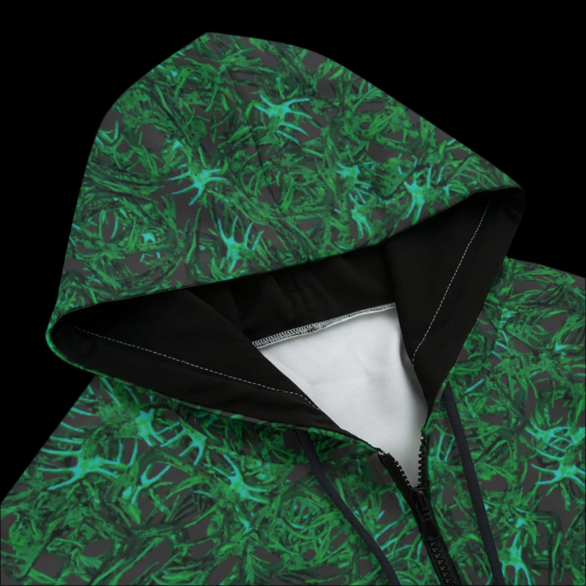 Front top of Black zipper camouflage hoodie on a black background