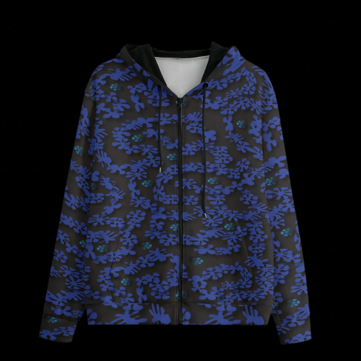 Front of Hoodie with blue and black abstract pattern on a black background