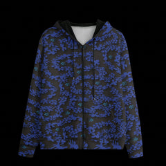 Front of Hoodie with blue and black abstract pattern on a black background