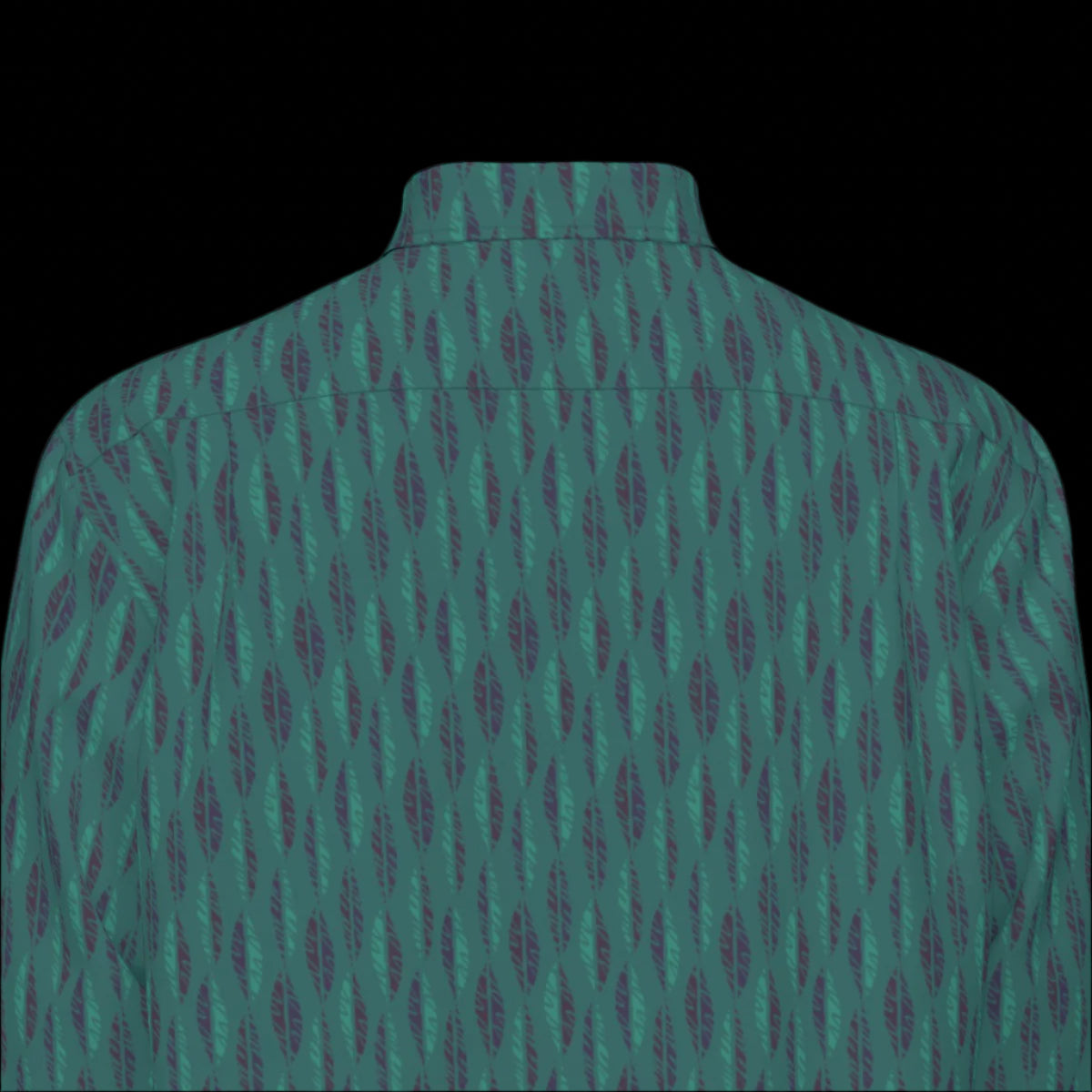 Top back of green patterned long-sleeved shirt on a black background