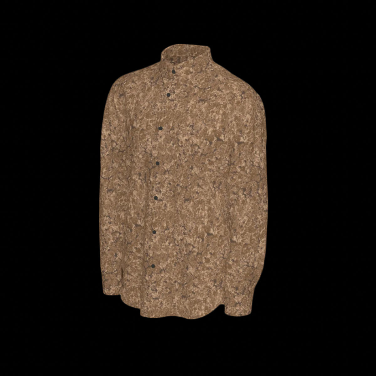 Left side of brown patterned long sleeve shirt on a black background
