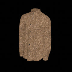 Left side of brown patterned long sleeve shirt on a black background