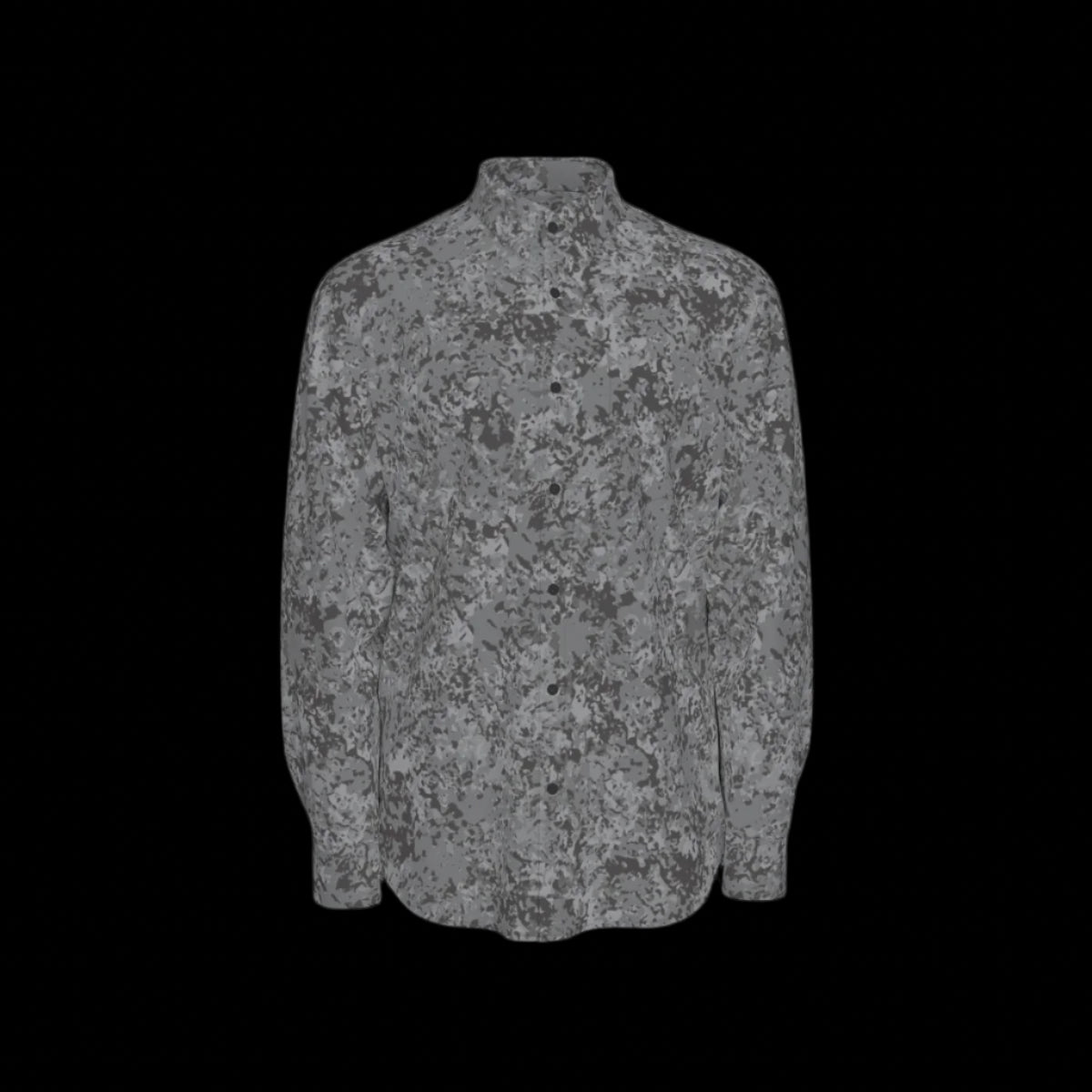 Front of a gray patterned long sleeve shirt on a black background
