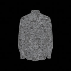 Front of a gray patterned long sleeve shirt on a black background