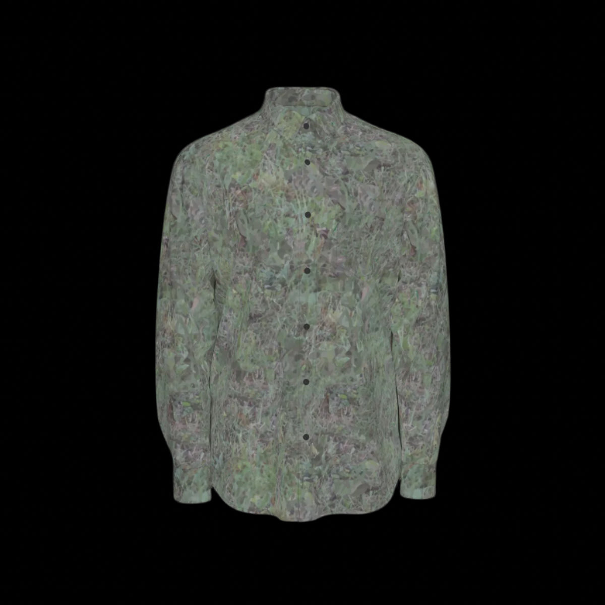 Front of green patterned long sleeve shirt on a black background