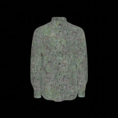 Front of green patterned long sleeve shirt on a black background