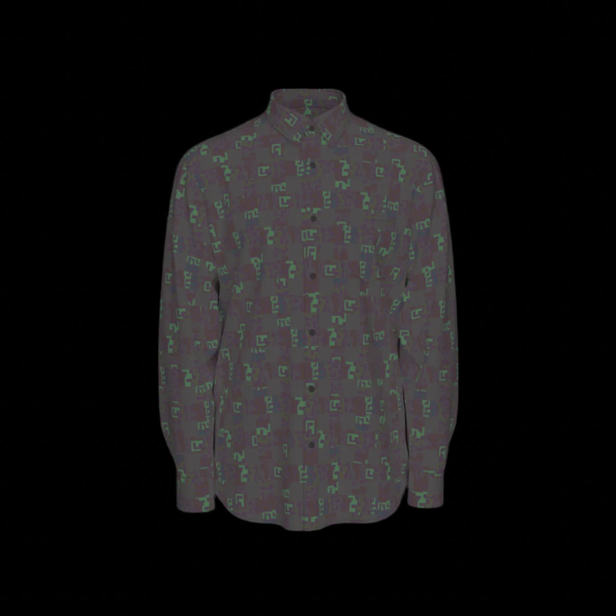 Front of a dark patterned long sleeve shirt on a black background
