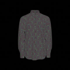 Front of a dark patterned long sleeve shirt on a black background