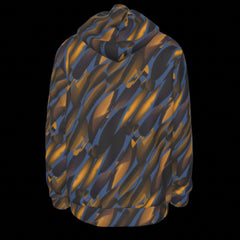 Back of hoodie with blue and orange abstract pattern on a black background