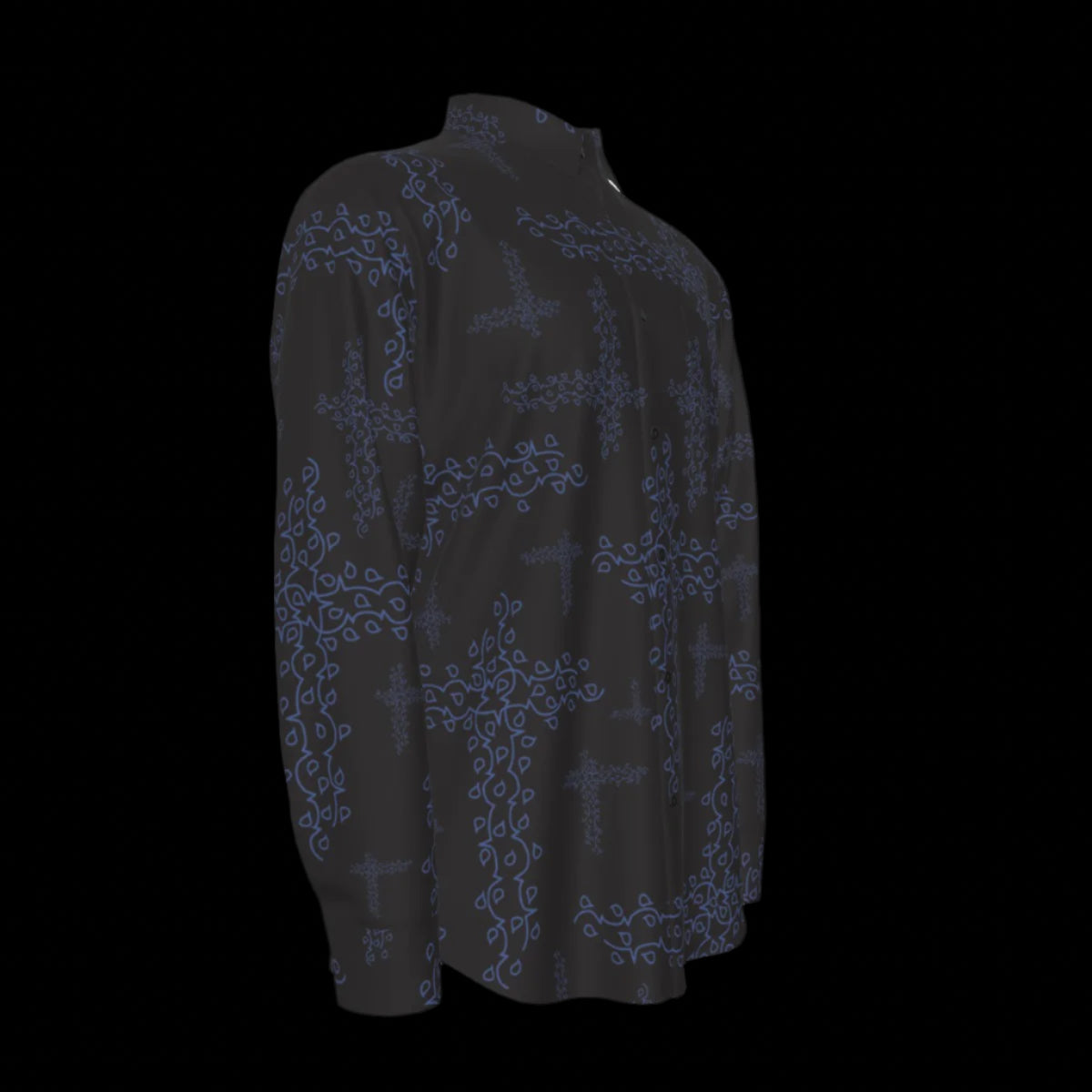 Right side of black shirt with blue floral pattern on a black background