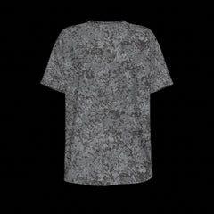 Front of gray t-shirt with a subtle pattern on a black background