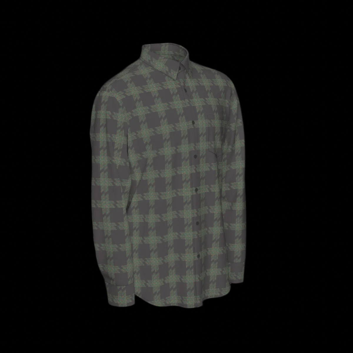 Right side of muted colorful plaid shirt on a black background