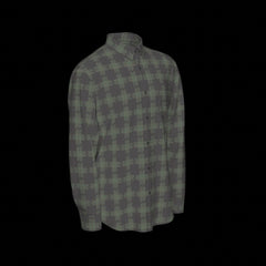 Right side of muted colorful plaid shirt on a black background