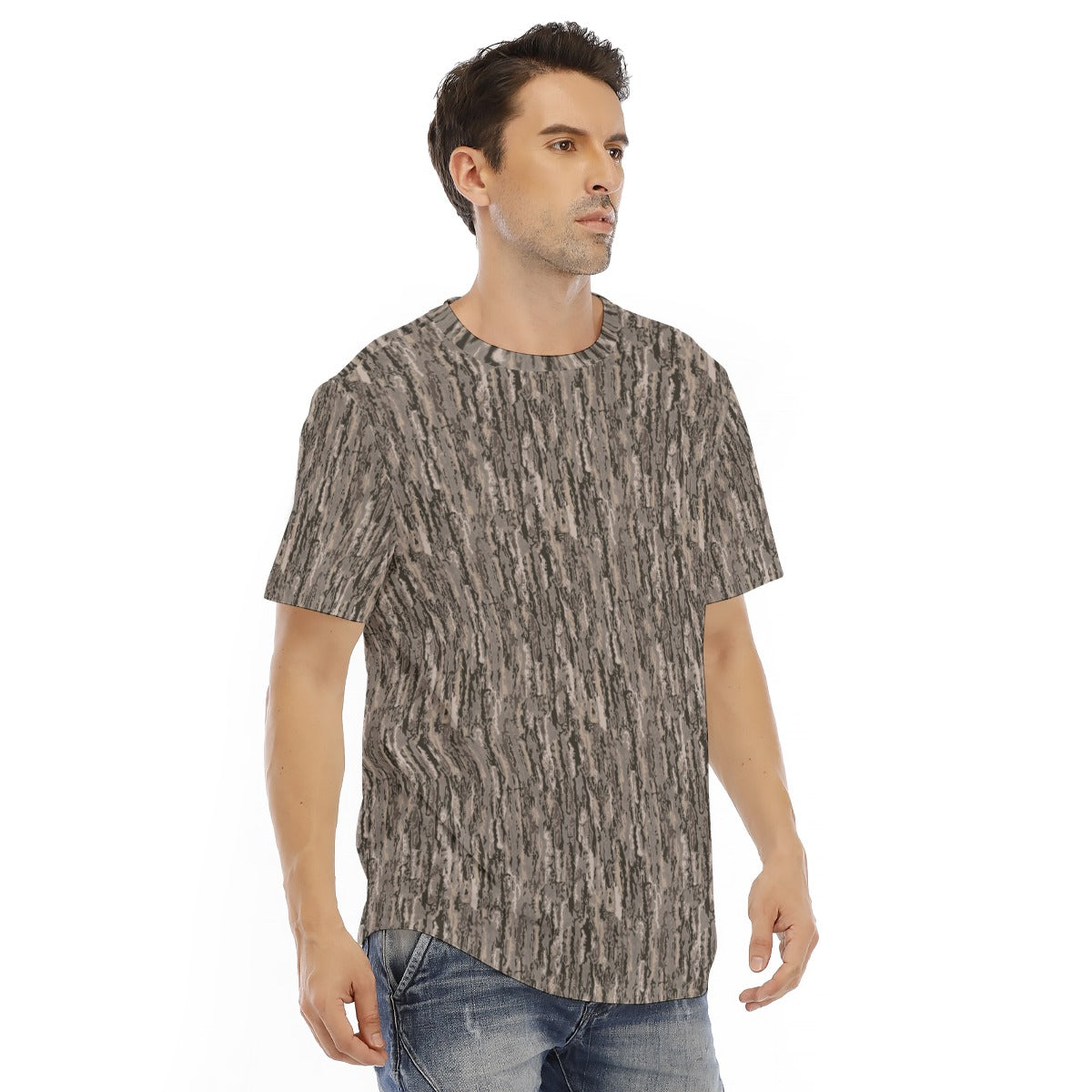 Men's Short Sleeve Rounded Hem T-shirt / Camo Tree Bark Small Design