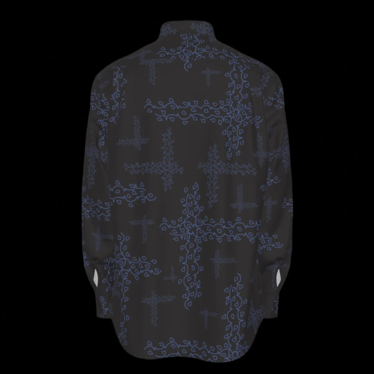 Back of black shirt with blue floral pattern on a black background