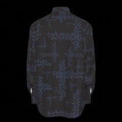 Back of black shirt with blue floral pattern on a black background