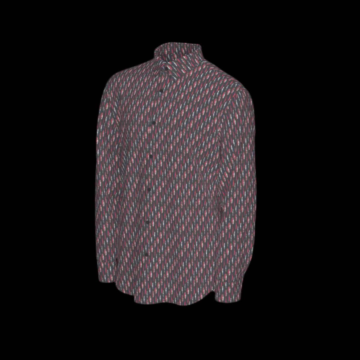 Left side of patterned long sleeve shirt on a black background