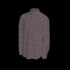 Left side of patterned long sleeve shirt on a black background