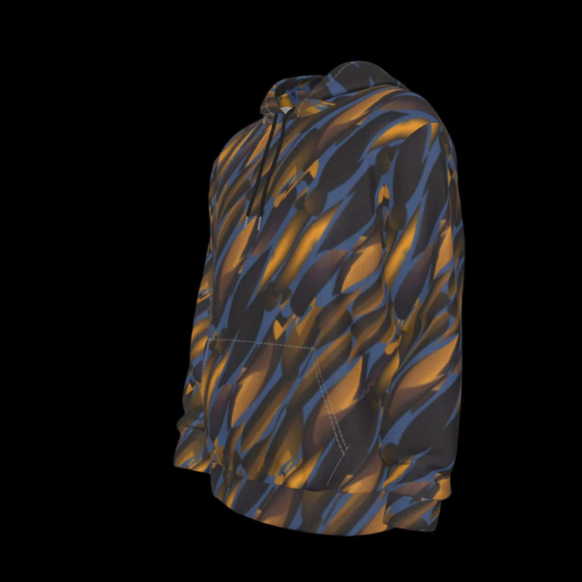 Left side of hoodie with blue and orange abstract pattern on a black background