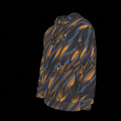 Left side of hoodie with blue and orange abstract pattern on a black background