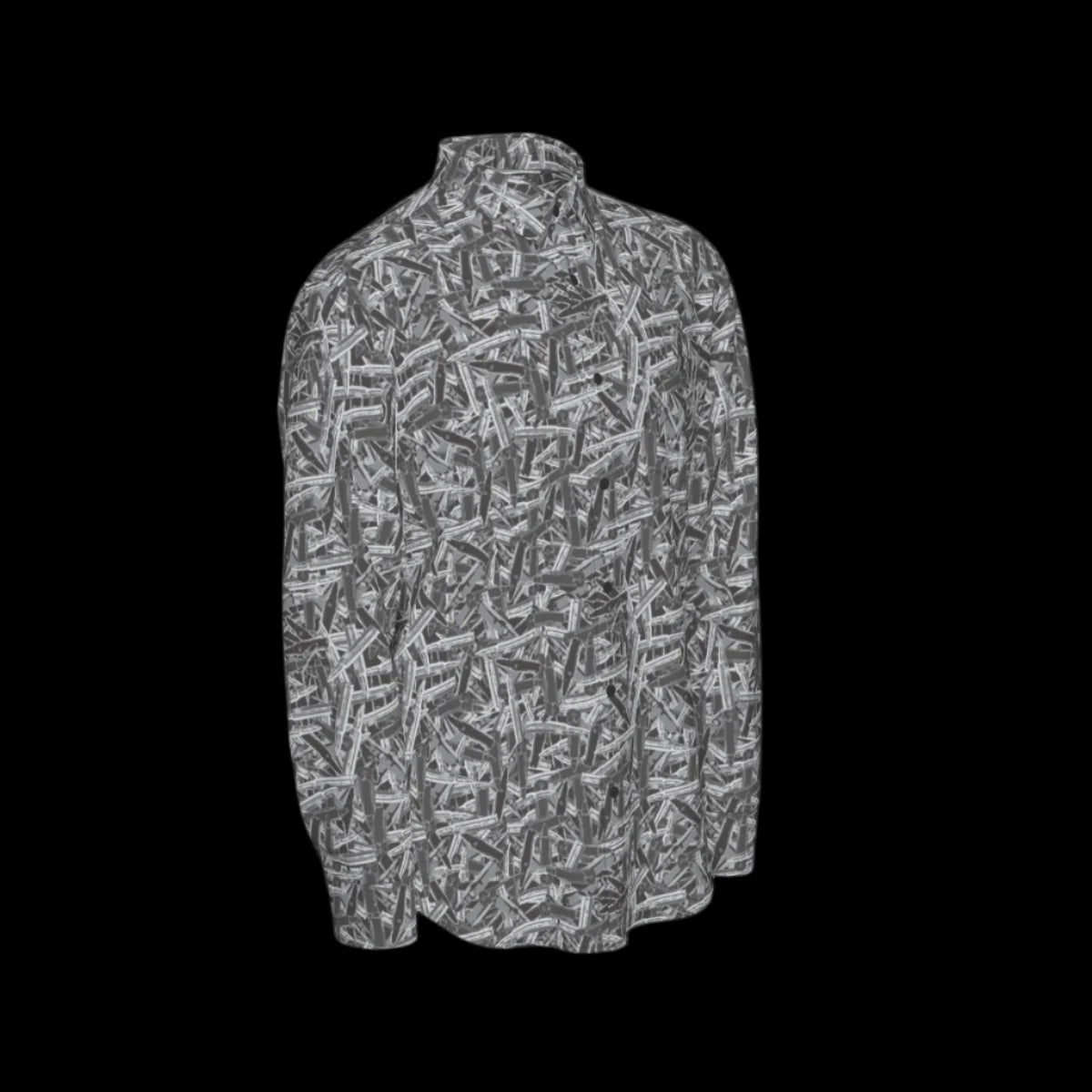 Right side of a patterned long sleeve shirt on a black background