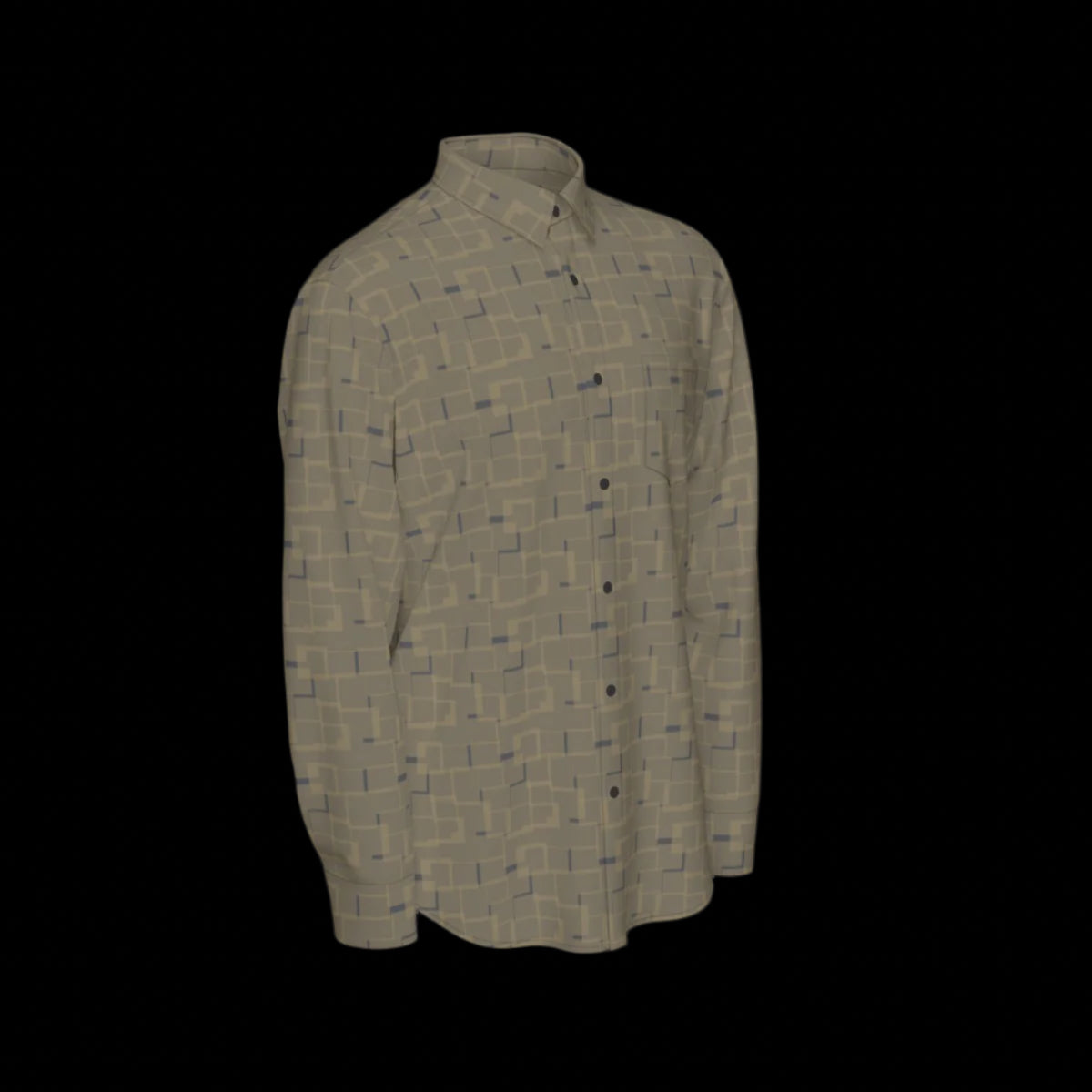 Right side of a green patterned long sleeve shirt on a black background