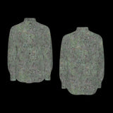 Front and back of a green patterned long sleeve shirt on a black background