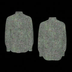 Front and back of a green patterned long sleeve shirt on a black background