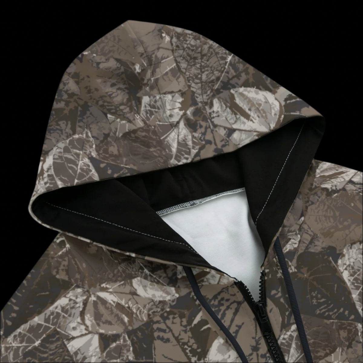 Front of camouflage-patterned hoodie on a black background
