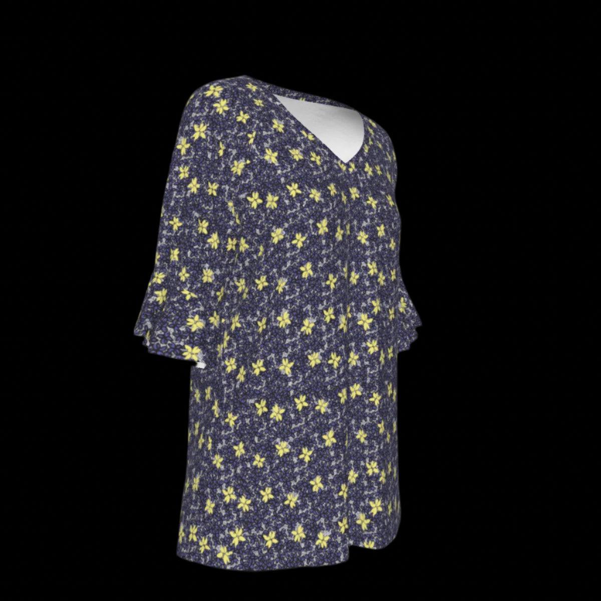 Right side of navy blue blouse with yellow floral pattern on a black background