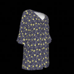 Right side of navy blue blouse with yellow floral pattern on a black background