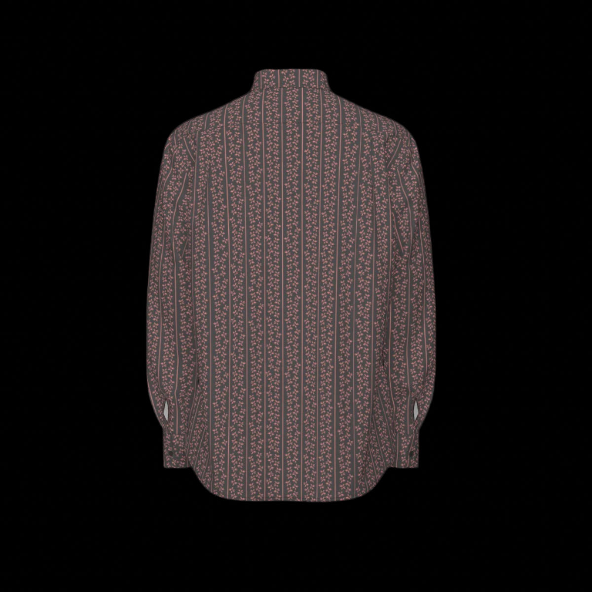 Back of a long sleeved patterned shirt on a black background