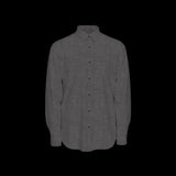Front of a gray long sleeve men's shirt with a left chest pocket on a black background