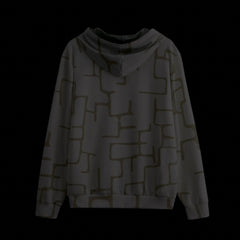 Back of dark patterned hoodie with a black background