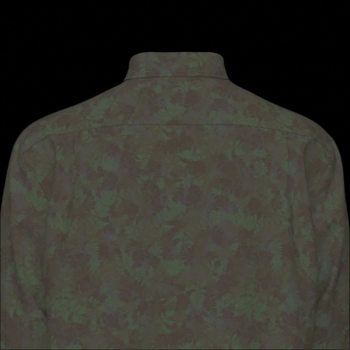 Top back of a green patterned long sleeve shirt on a black background