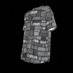 Left side of gray patterned shirt on a black background