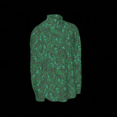 Right side of a green patterned long sleeve shirt on a black background