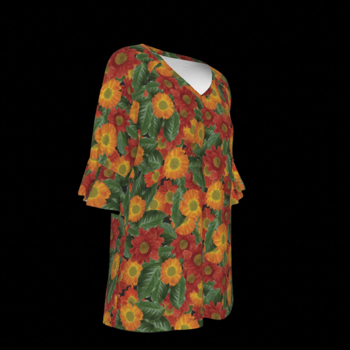 Right side of floral patterned top with red, orange, and green colors on a black background