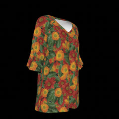 Right side of floral patterned top with red, orange, and green colors on a black background