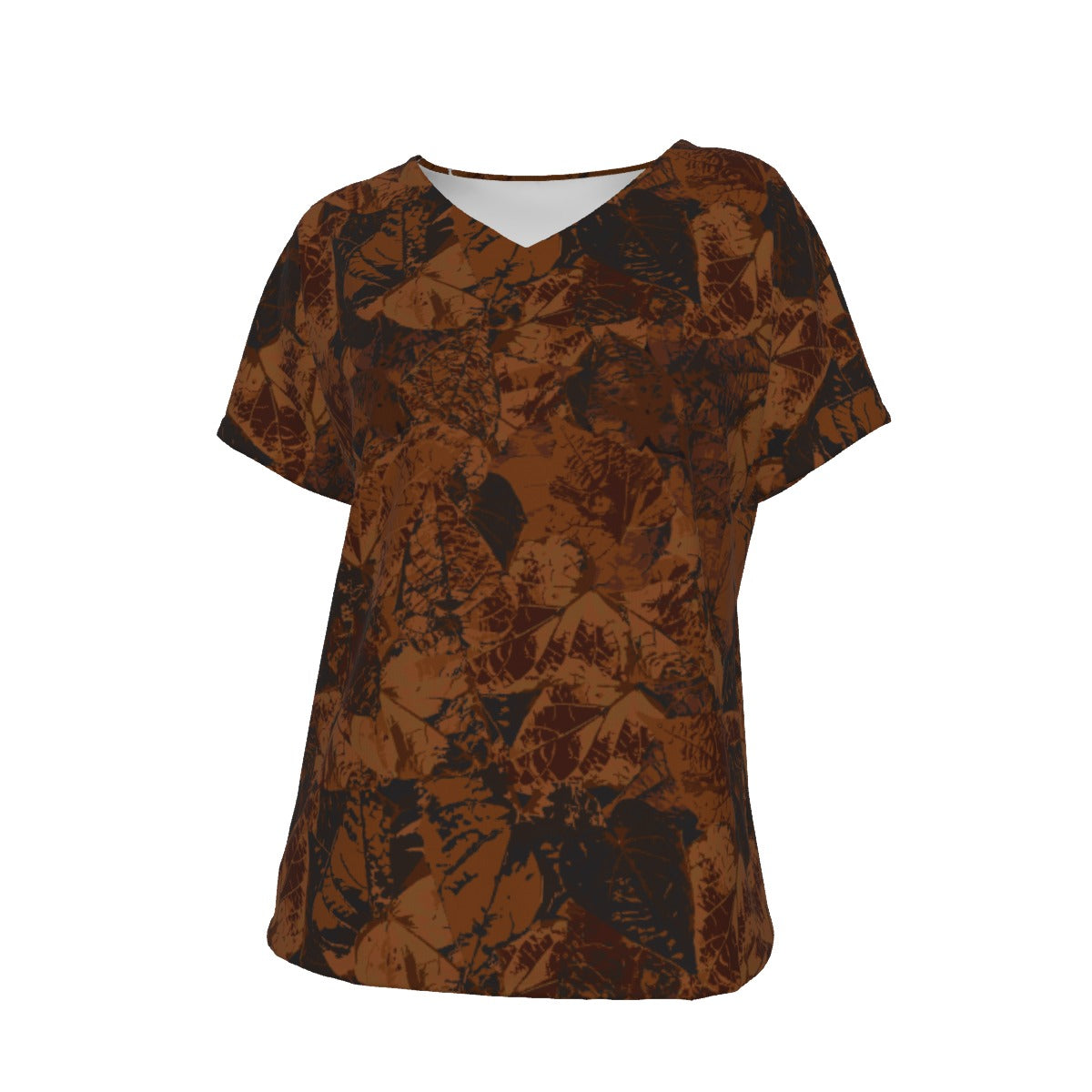 Women's V-Neck Short Sleeve T-shirt / Relaxed Dark Leaf Design