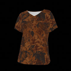 Front side of brown patterned V-Neck T-shirt on a black background