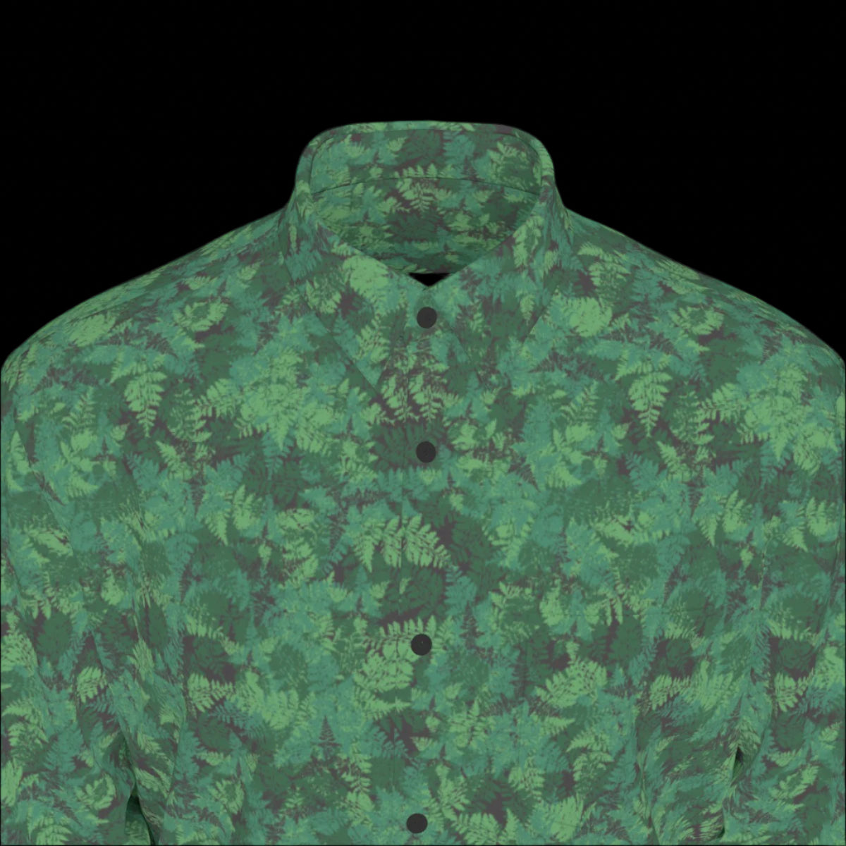 Front top of green camouflage shirt on a black background