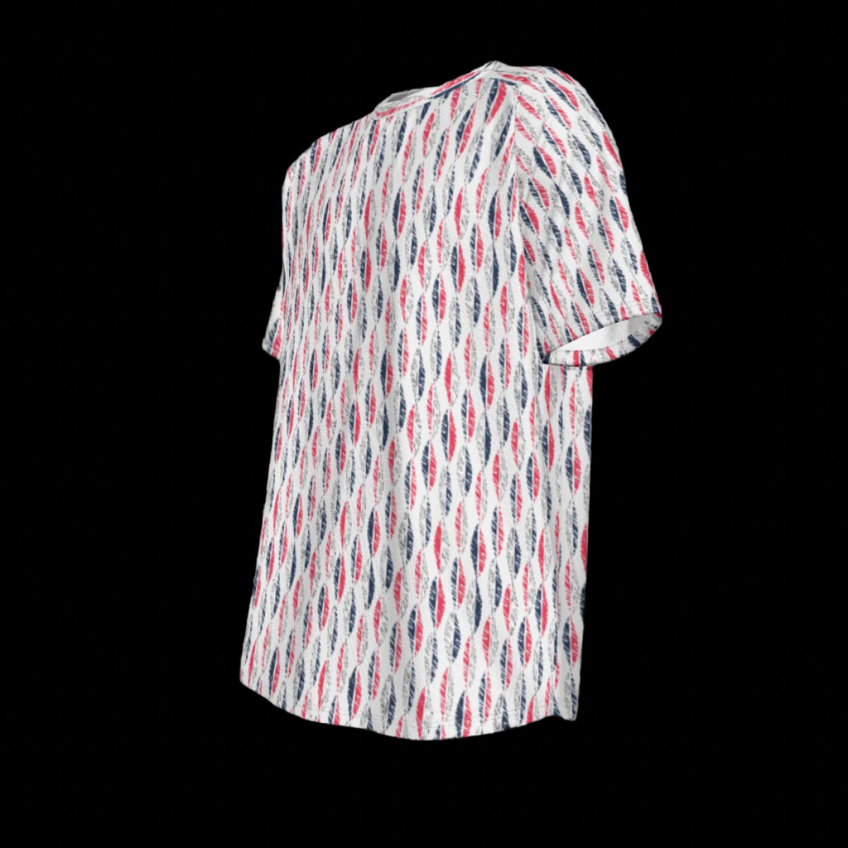Left side of short-sleeve shirt with a colorful pattern on a black background