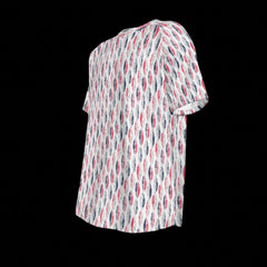 Left side of short-sleeve shirt with a colorful pattern on a black background