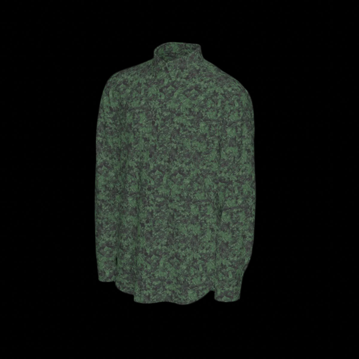 Left side of green camouflage patterned long sleeve shirt on a black background